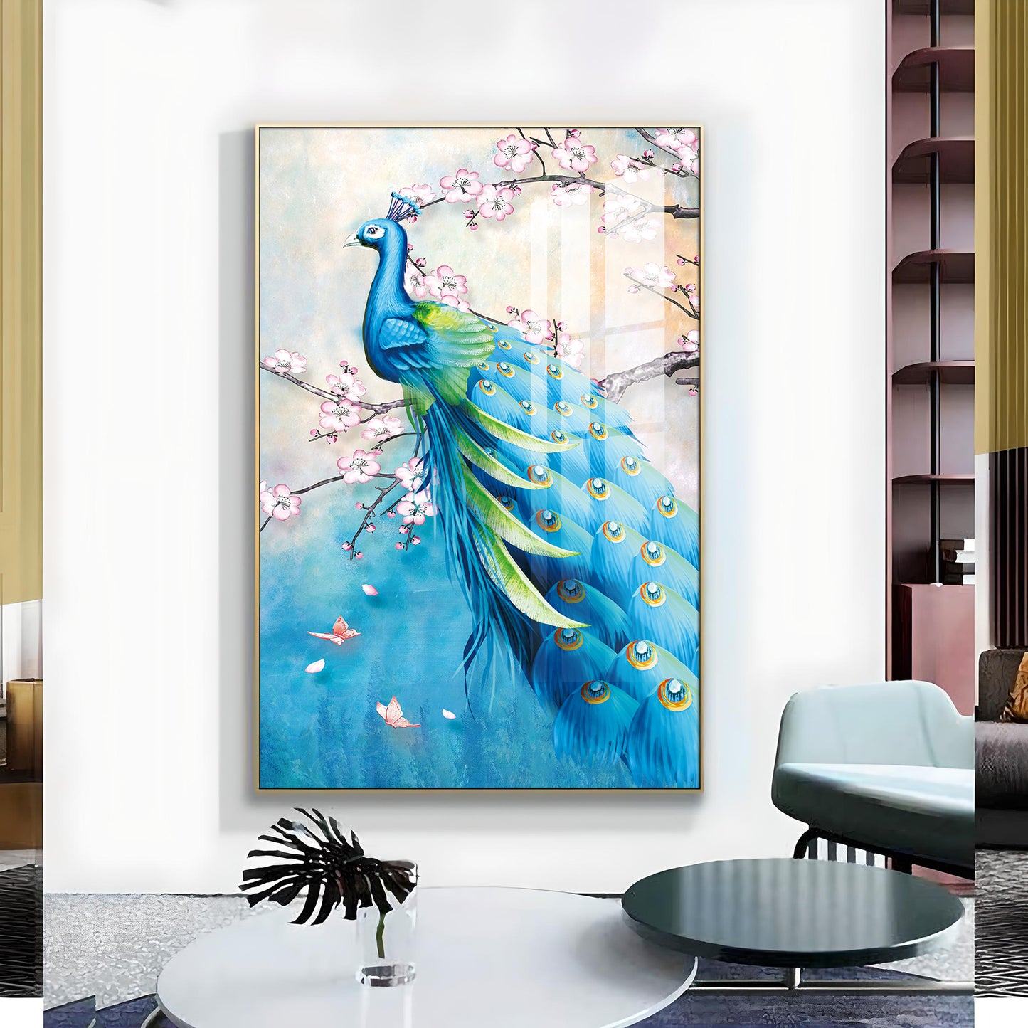 Peacock In Bloom Glass Finish Vertical Wall Art