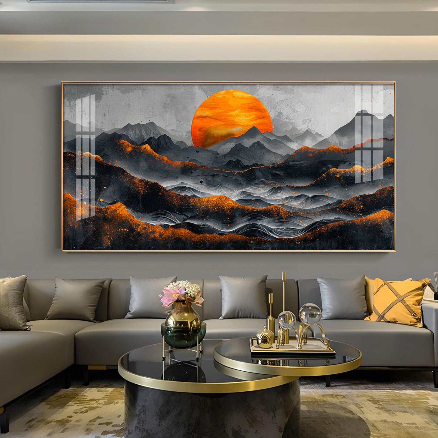 Sun Rise In Black Mountain Glass Finish Horizontal Wall Art