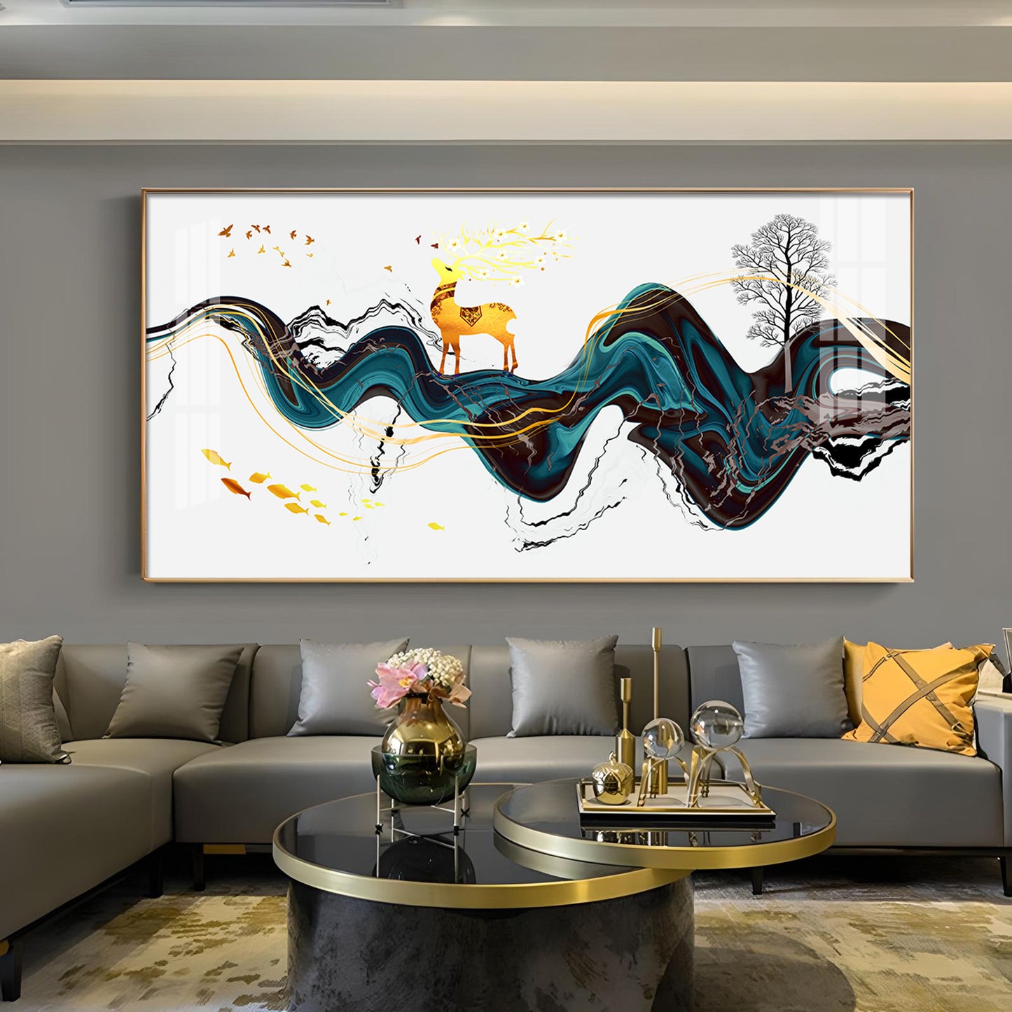 Golden Deer With Multi Color Floating Glass Finish Horizontal Wall Art