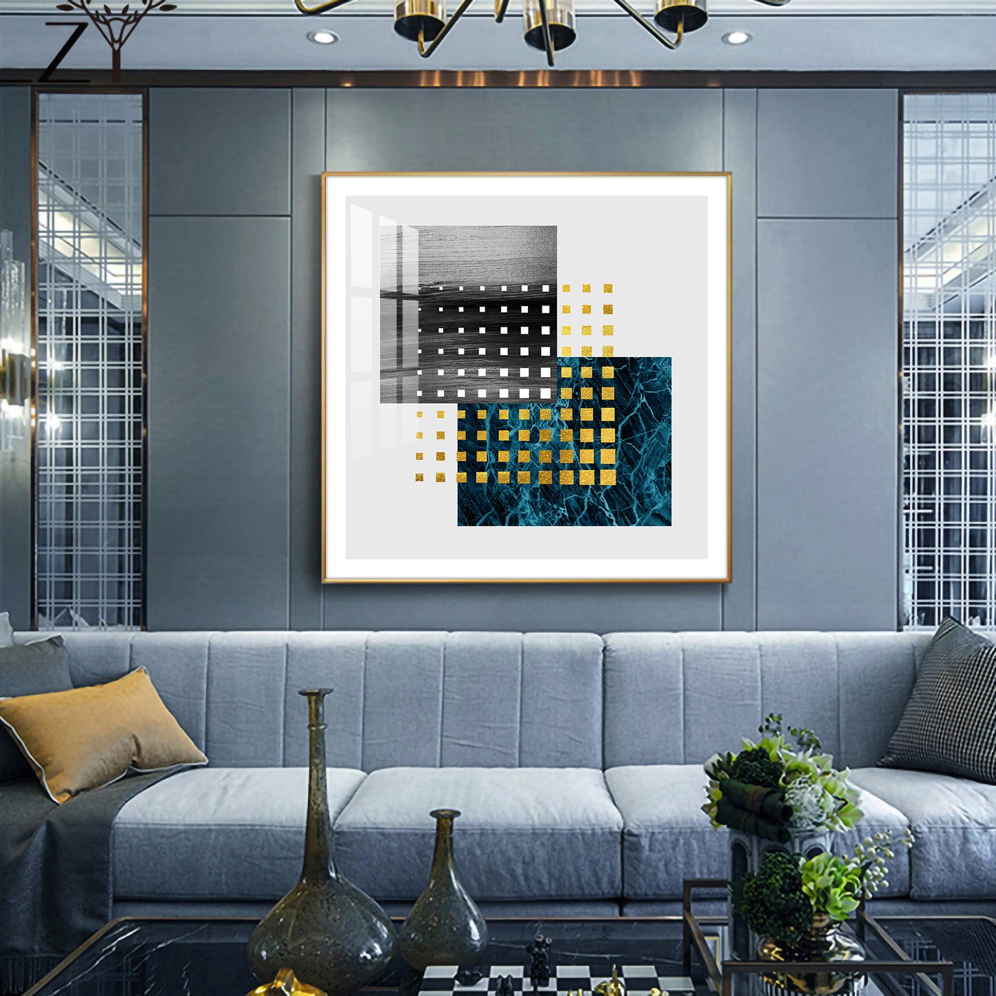 Golden Noir Mosaic Glass Finish Square Wall Art