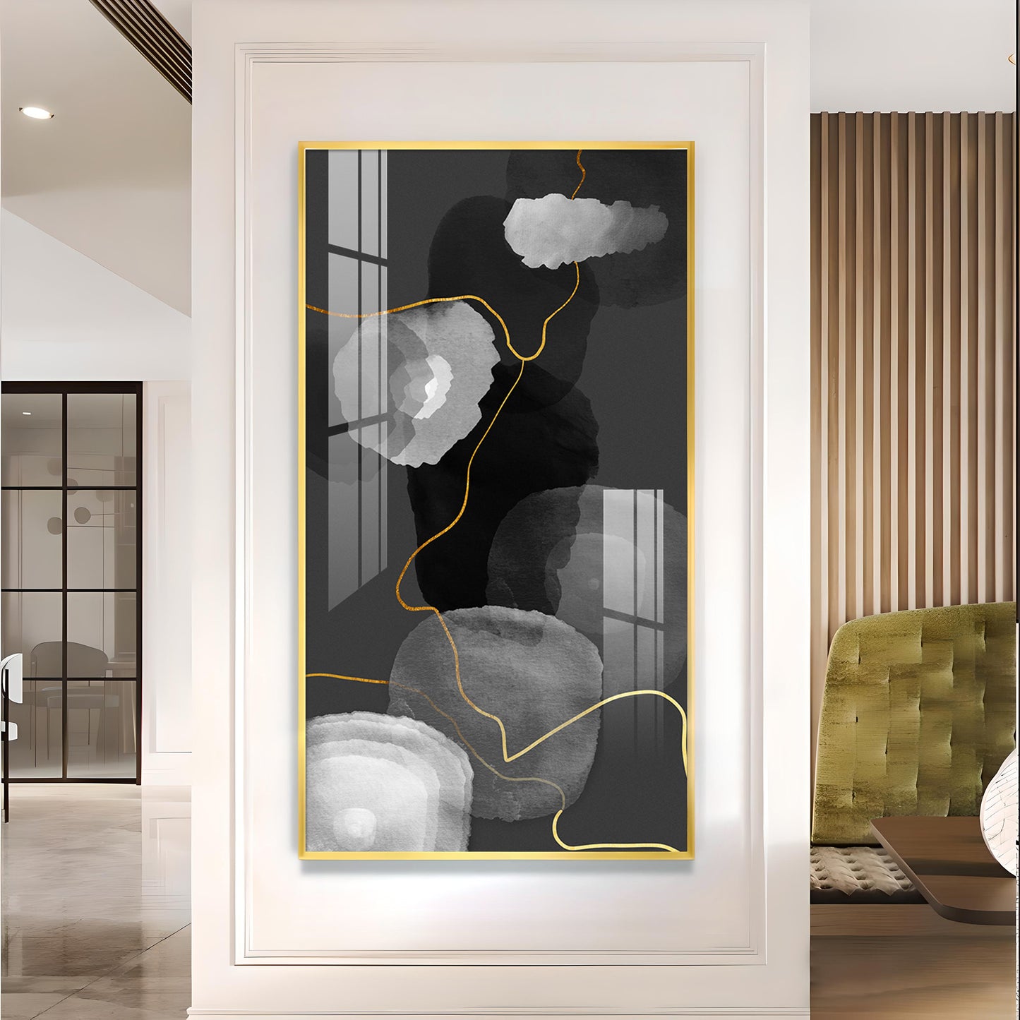 Black and White Symphony Glass Finish Vertical Wall Art