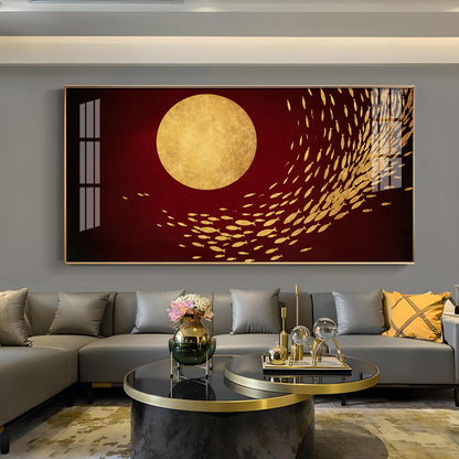 Golden Fishes With Red Background Glass Finish Horizontal Wall Art