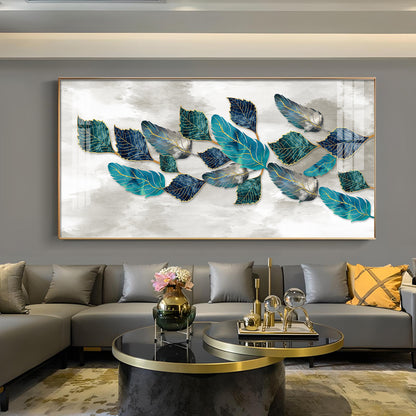 Turquoise Greay Leaves Glass Finish Horizontal Wall Art