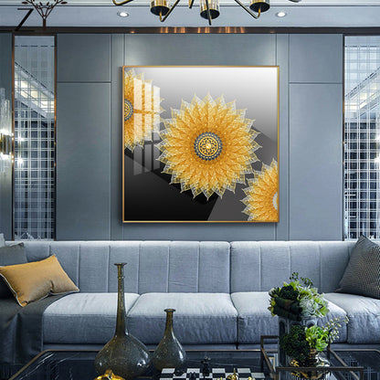 Golden Bloom Glass Finish Square Wall Art