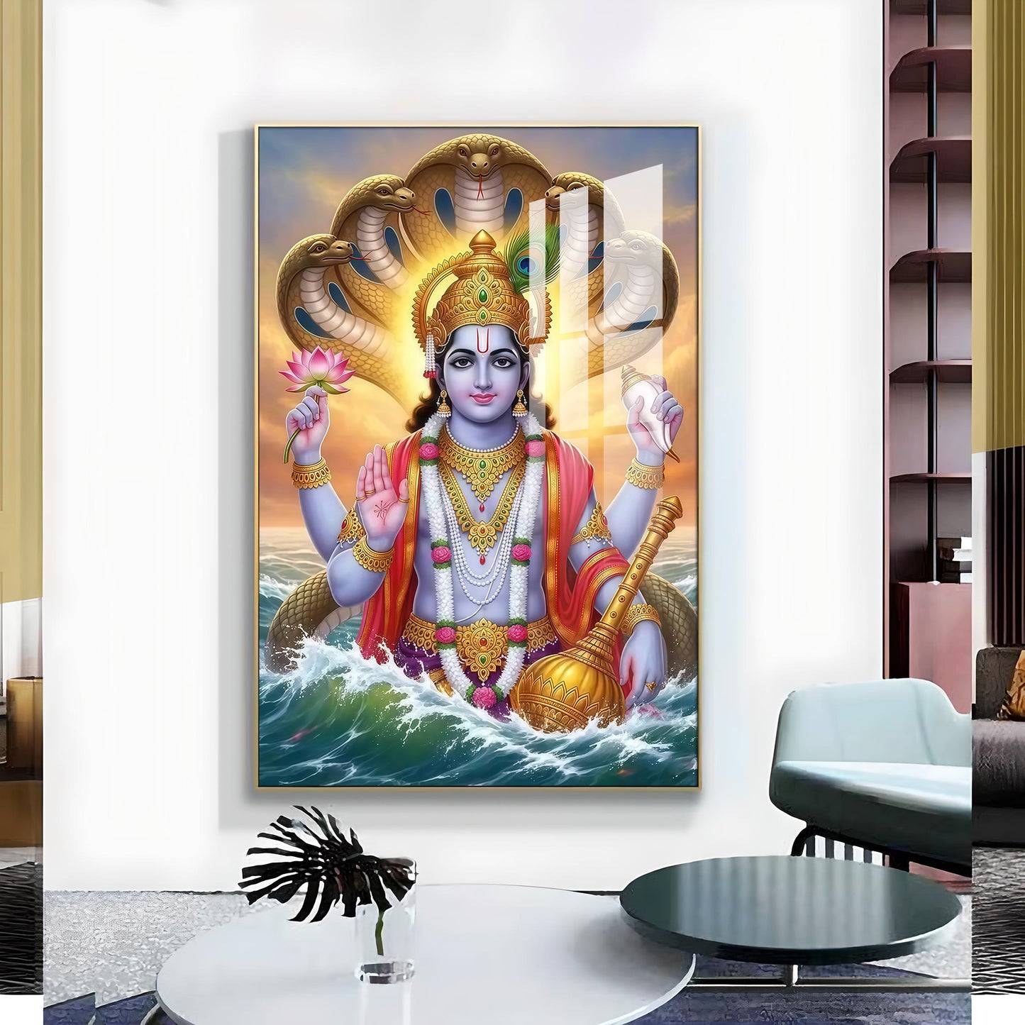Sri Maha Vishnu Glass Finish Vertical Wall Art