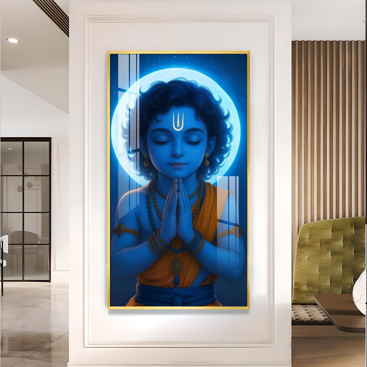 Praying Little krishna Glass Finish vertical Wall Art
