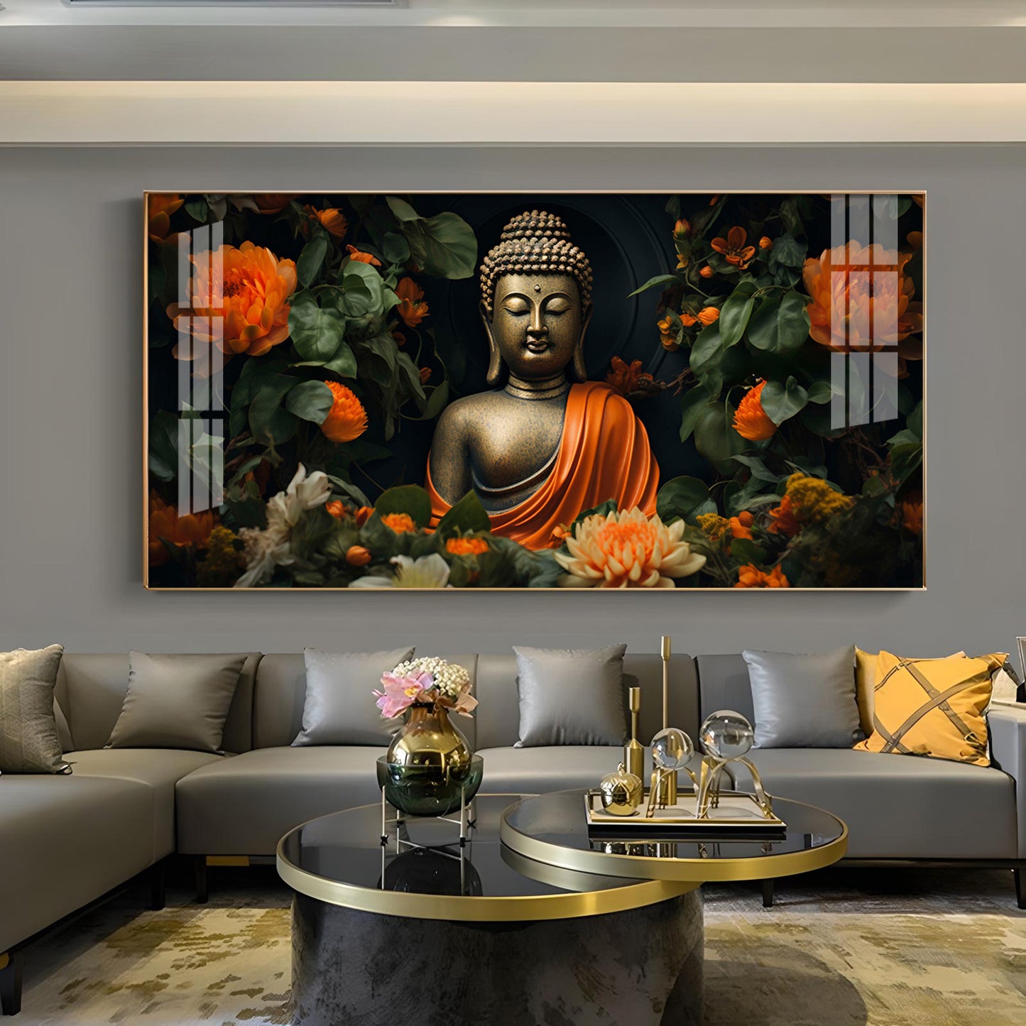 Luminous Buddha With Flower Glass Finish Horizontal Wall Art