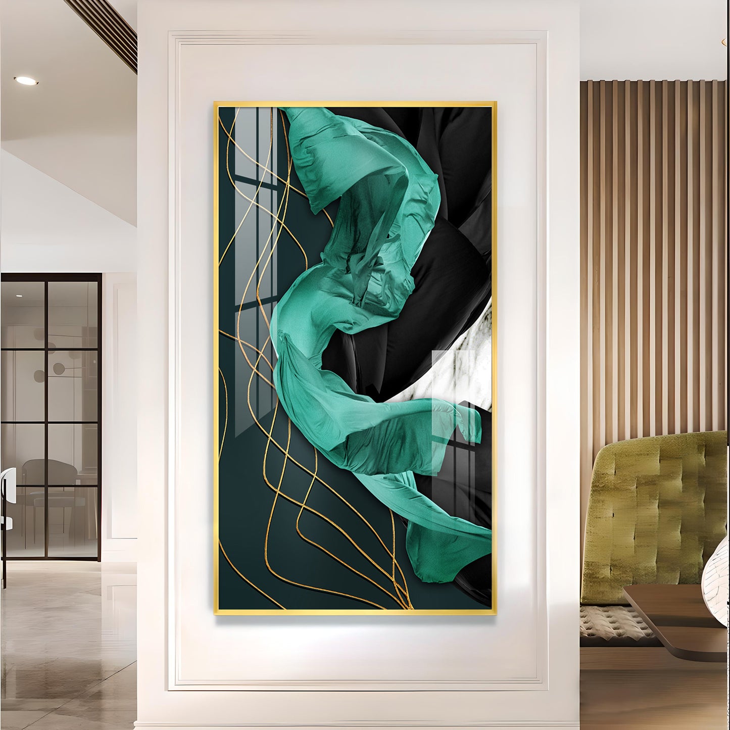 Emerald Elegance Glass Finish Vertical Wall Art