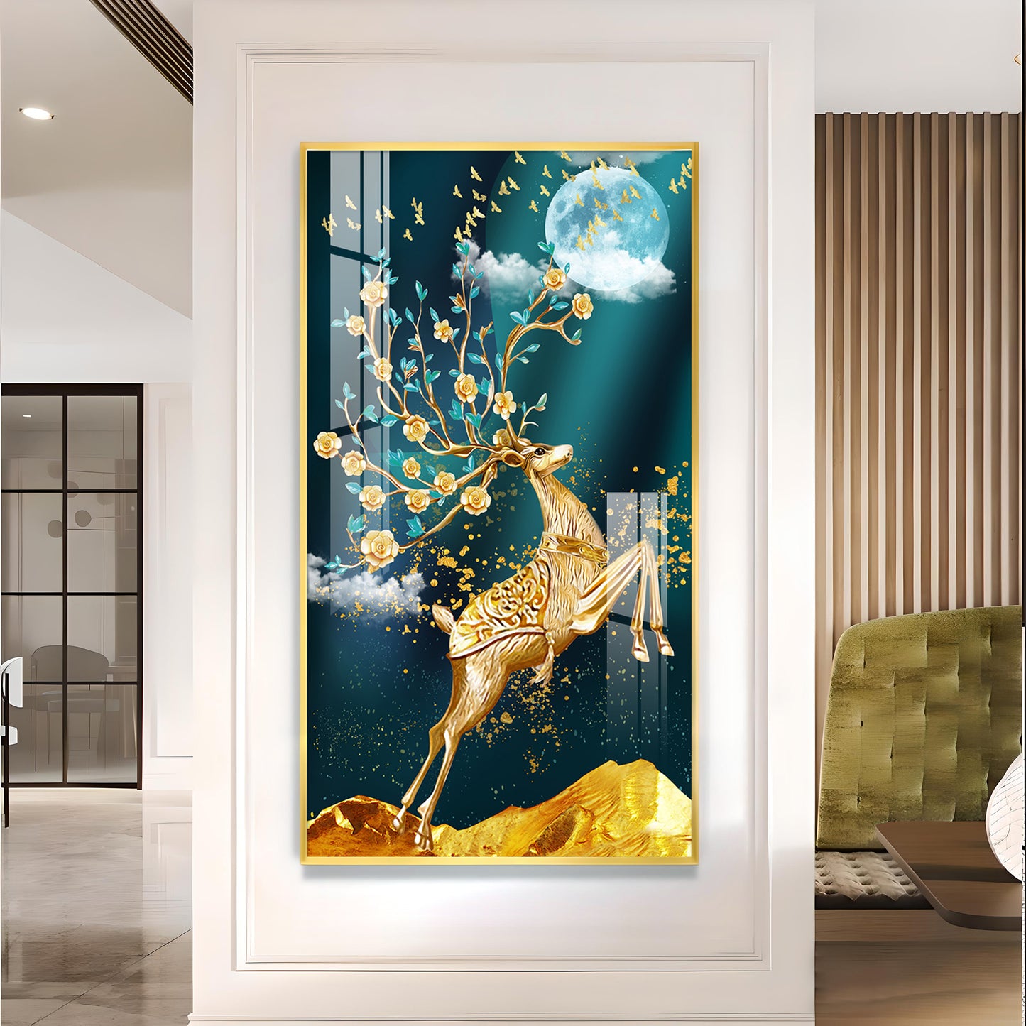 Golden Antlers and Blossoms Glass Finish Vertical Wall Art