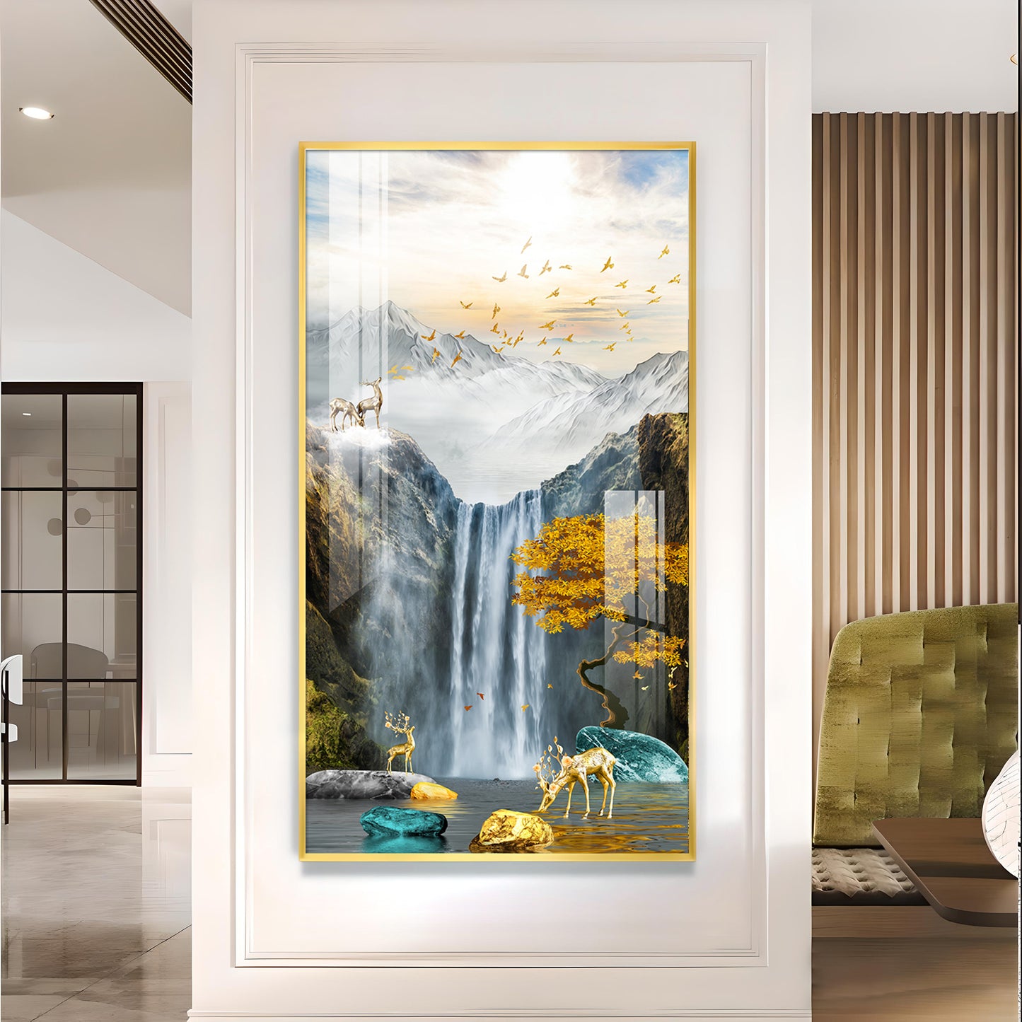 Alpine Gold Reindeer Waterfall Glass Finish Vertical Wall Art