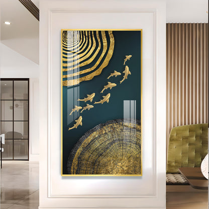 Luminous Fish Dance Glass Finish Vertical Wall Art