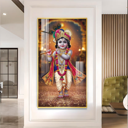 Divine Little Krishna Glass Finish Vertical Wall Art