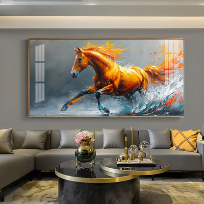 One Running Horse Glass Finish Horizontal Wall Art