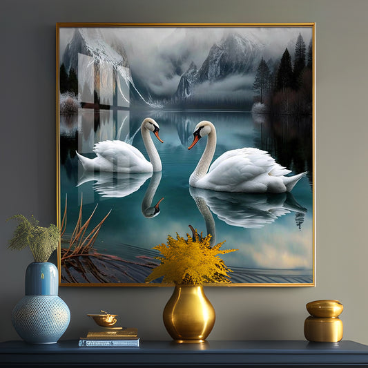 Graceful Swans in Water Glass Finish Square Wall Art