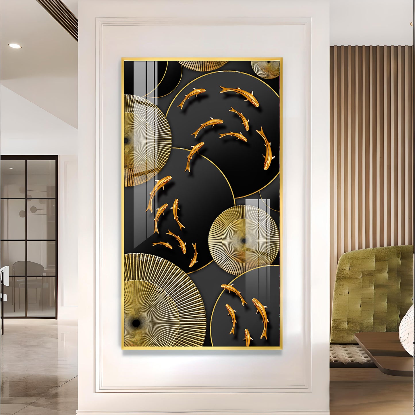 Goldfish Elegance Glass Finish Vertical Wall Art