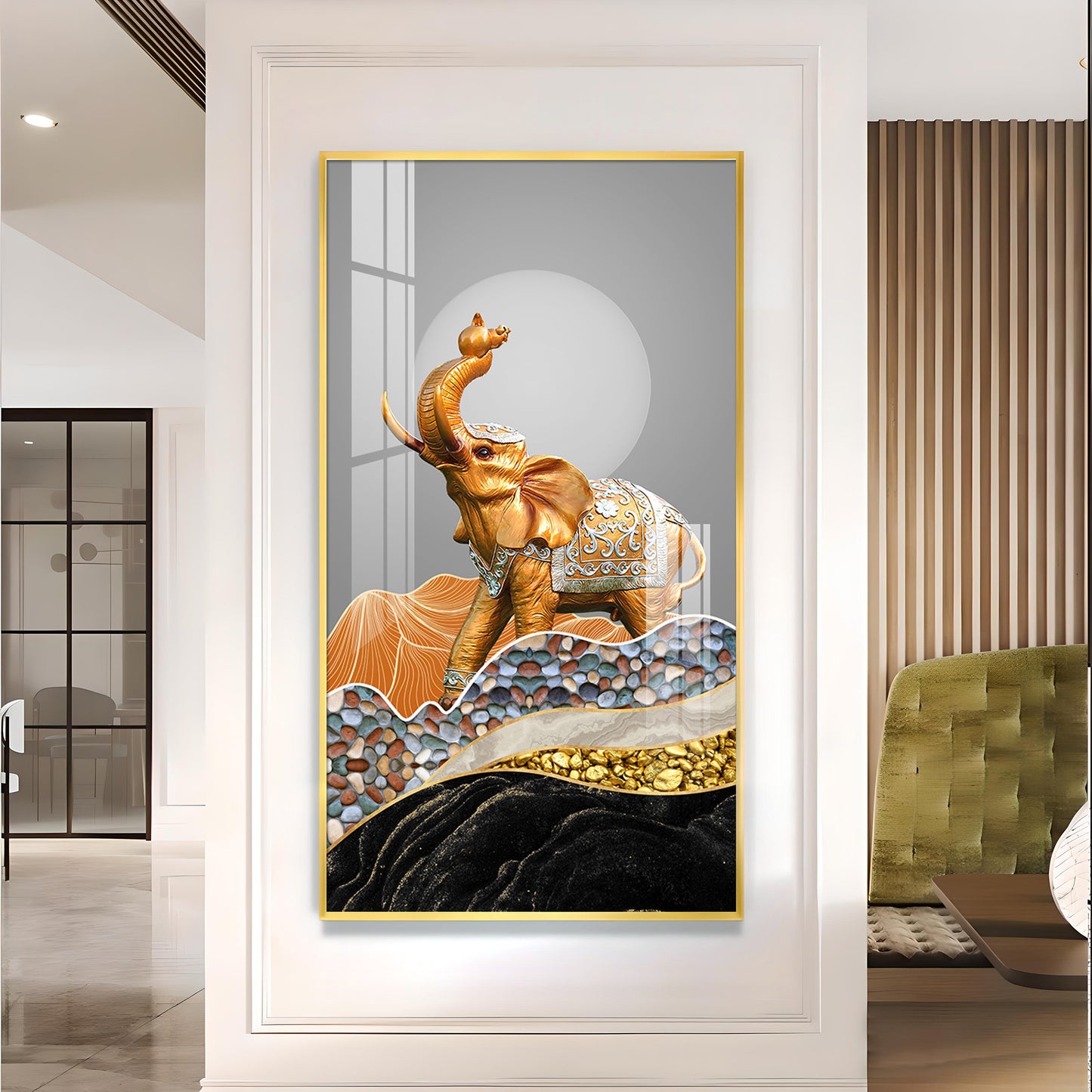 Gold and Silver Elephant Figurine Glass Finish Vertical Wall Art