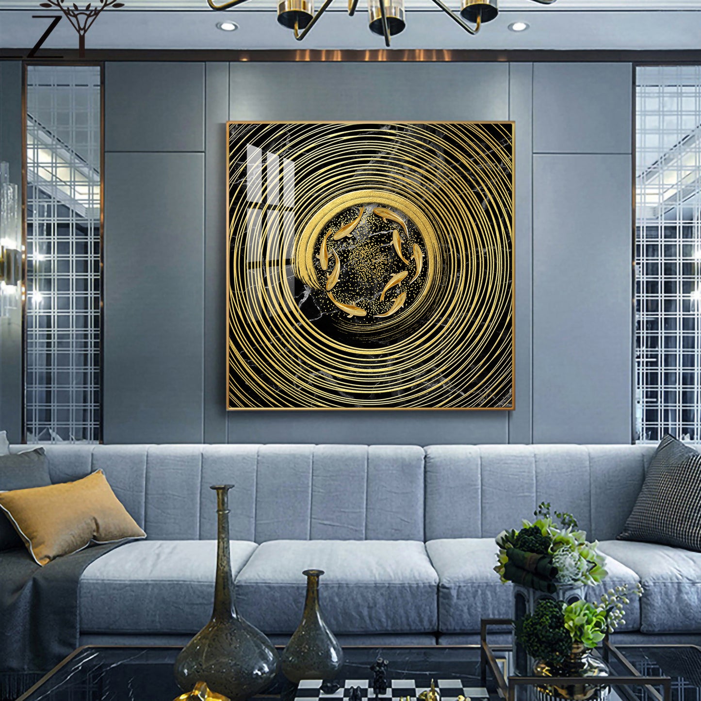 Noir & Gold Fish Glass Finish Square Wall Art