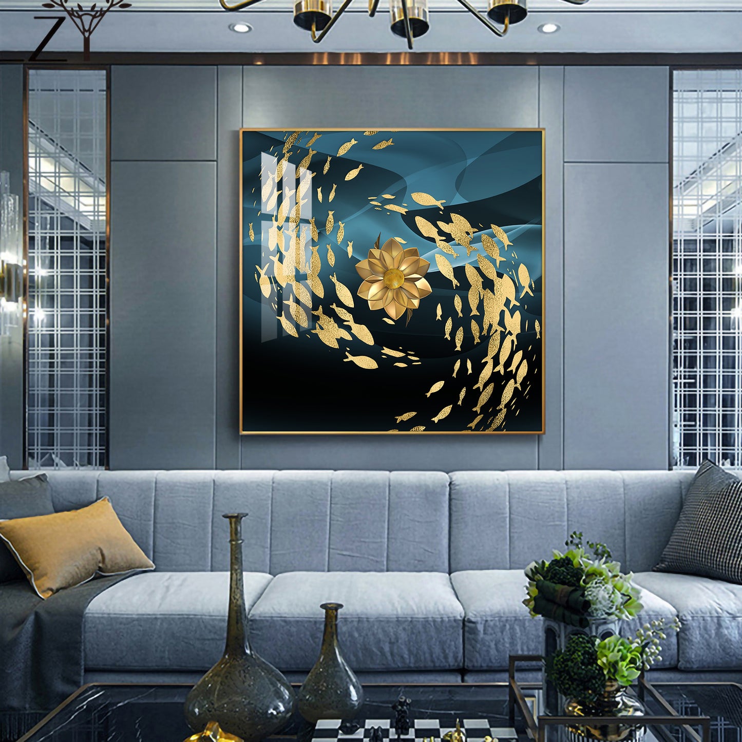 Ethereal Fishes Glass Finish Square Wall Art