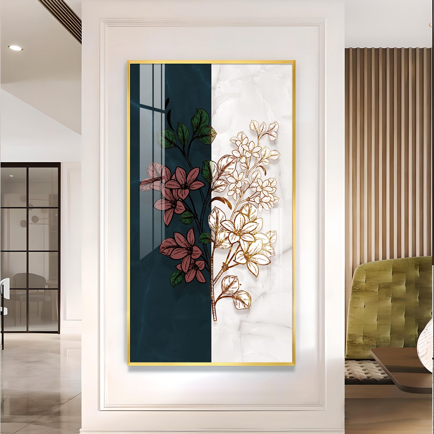 Dual Floral Marble Glass Finish Vertical Wall Art