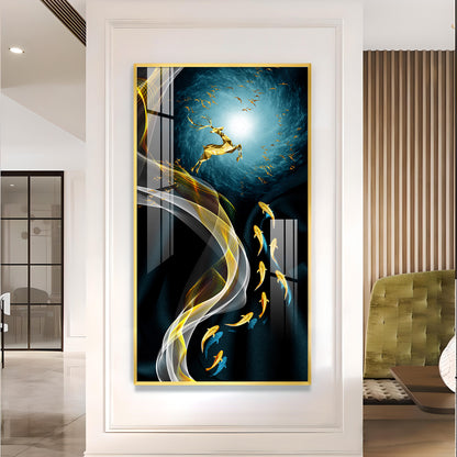 The Golden Swim Glass Finish Vertical Wall Art