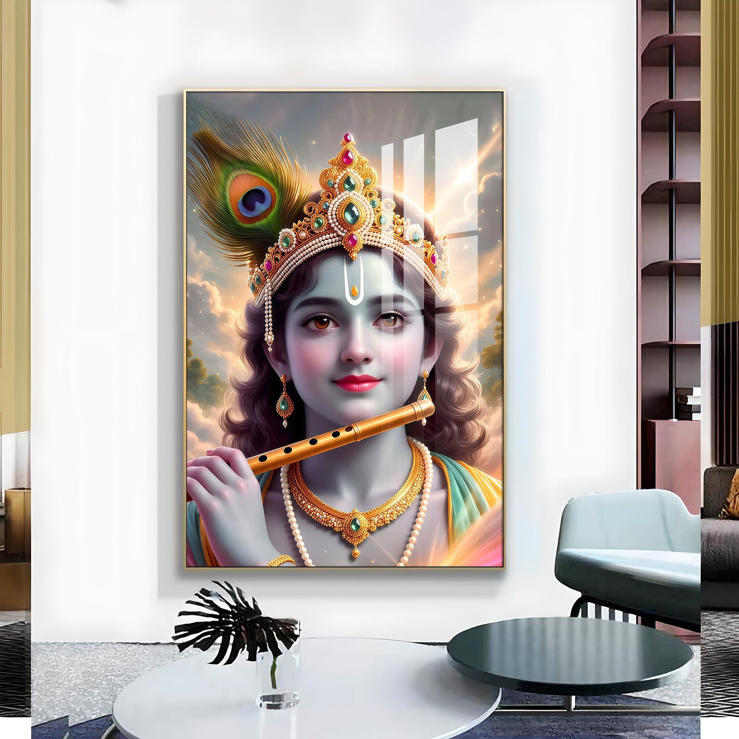 Shri Krishna Ji With Flute Glass Finish Vertical Wall Art
