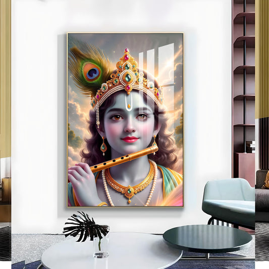 Shri Krishna Ji With Flute Glass Finish Vertical Wall Art