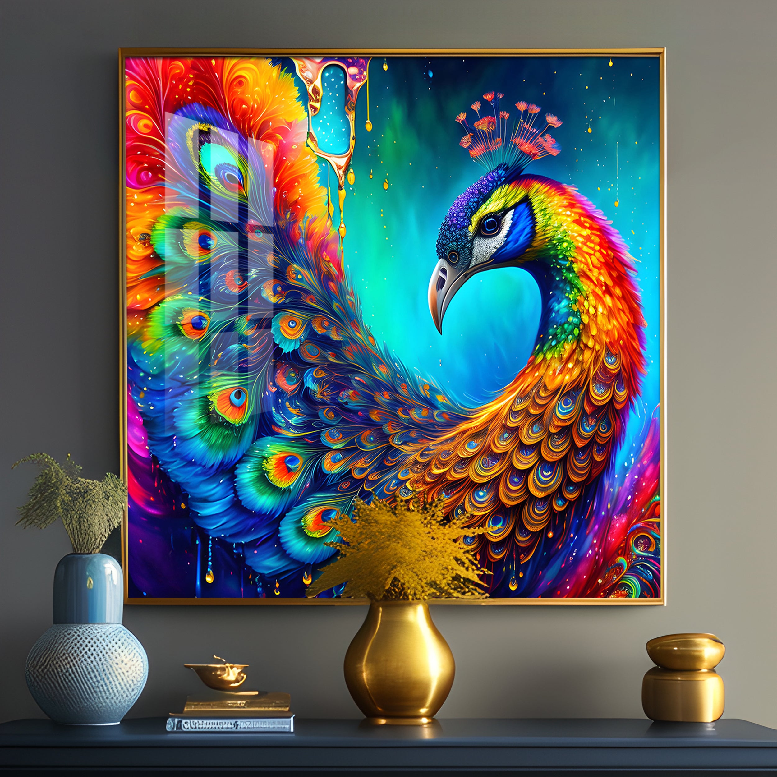 Peacock Elegance Glass Finish Square Wall Art