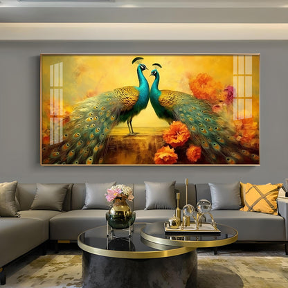 Peacocks With Flower Background Glass Finish Horizontal Wall Art