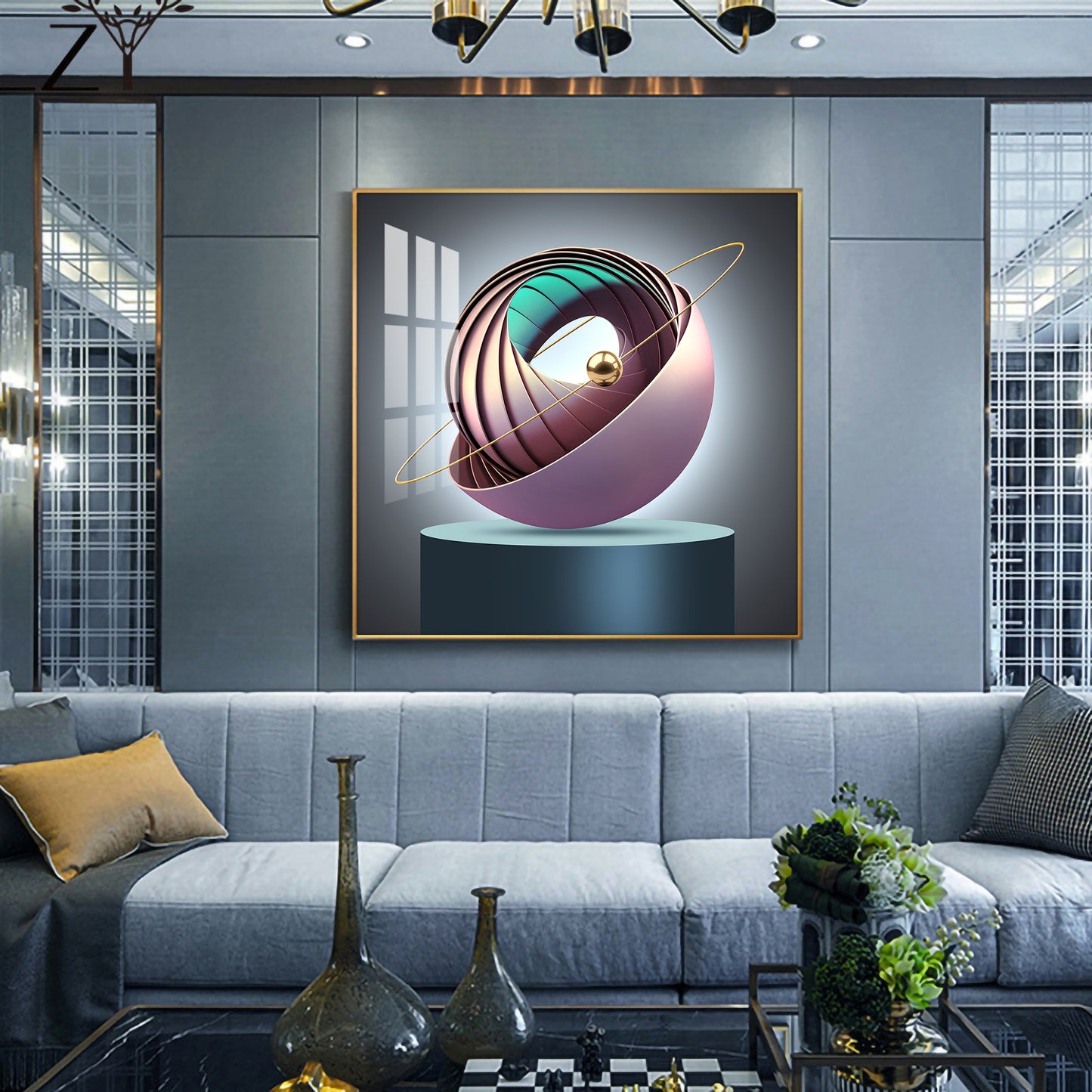 Aureate Ringed Sphere Glass Finish Square Wall Art