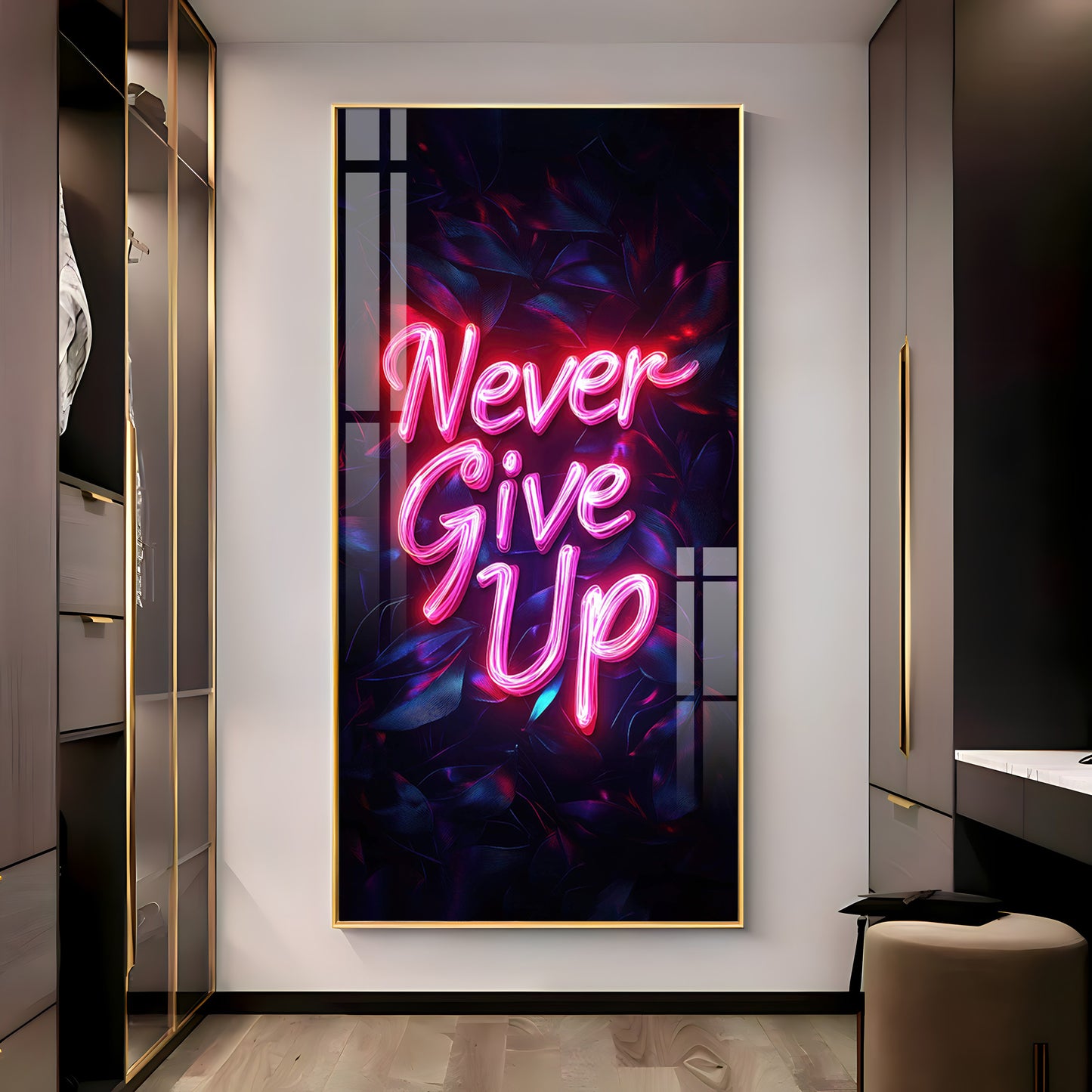 Never Give Up motivational Glass Finish Vertical Wall Art
