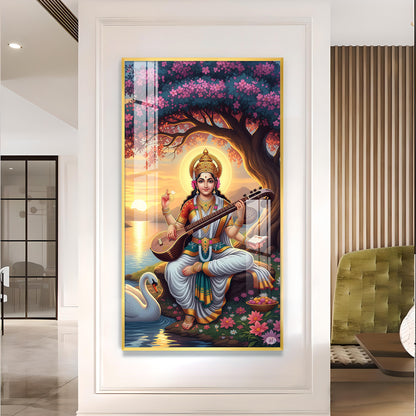 Goddess Saraswati Glass Finish Vertical Wall Art