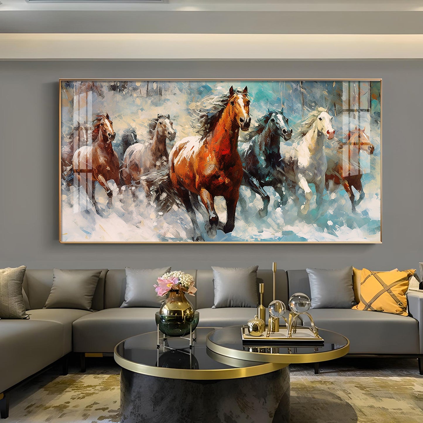 Running Horses Vastu Glass Finish Horizontal Wall Art