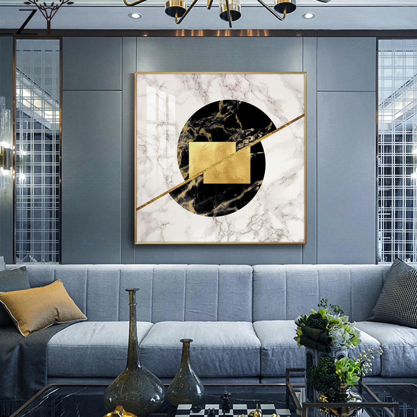 Gold-Infused Black Marble Glass Finish Square Wall Art