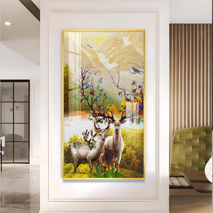 Portrait of Deer and Blossoms Glass Finish Vertical Wall Art