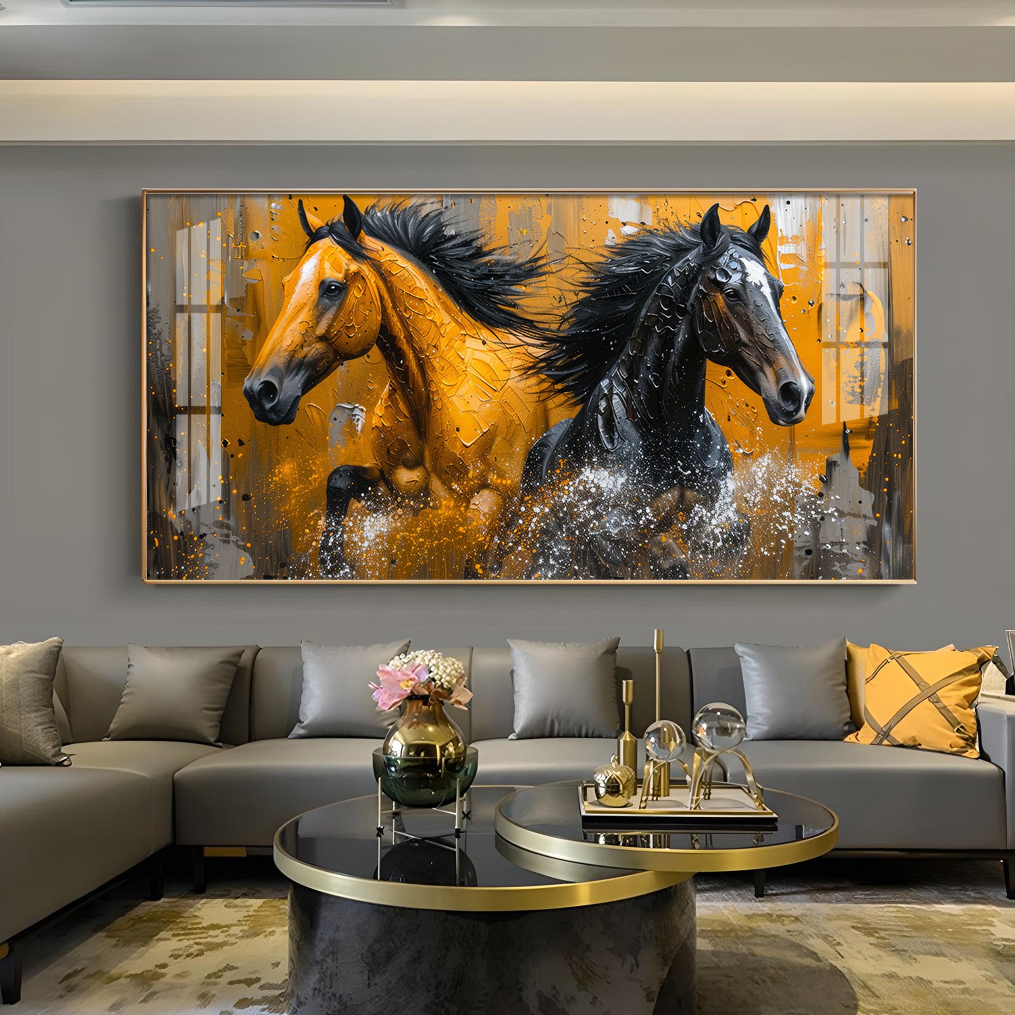 Two Horses Glass Finish Horizontal Wall Art