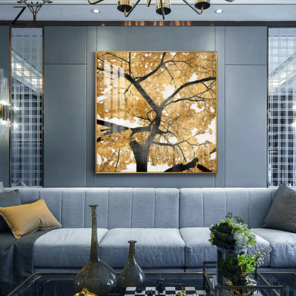 Radiant Tree of Gold Glass Finish Square Wall Art