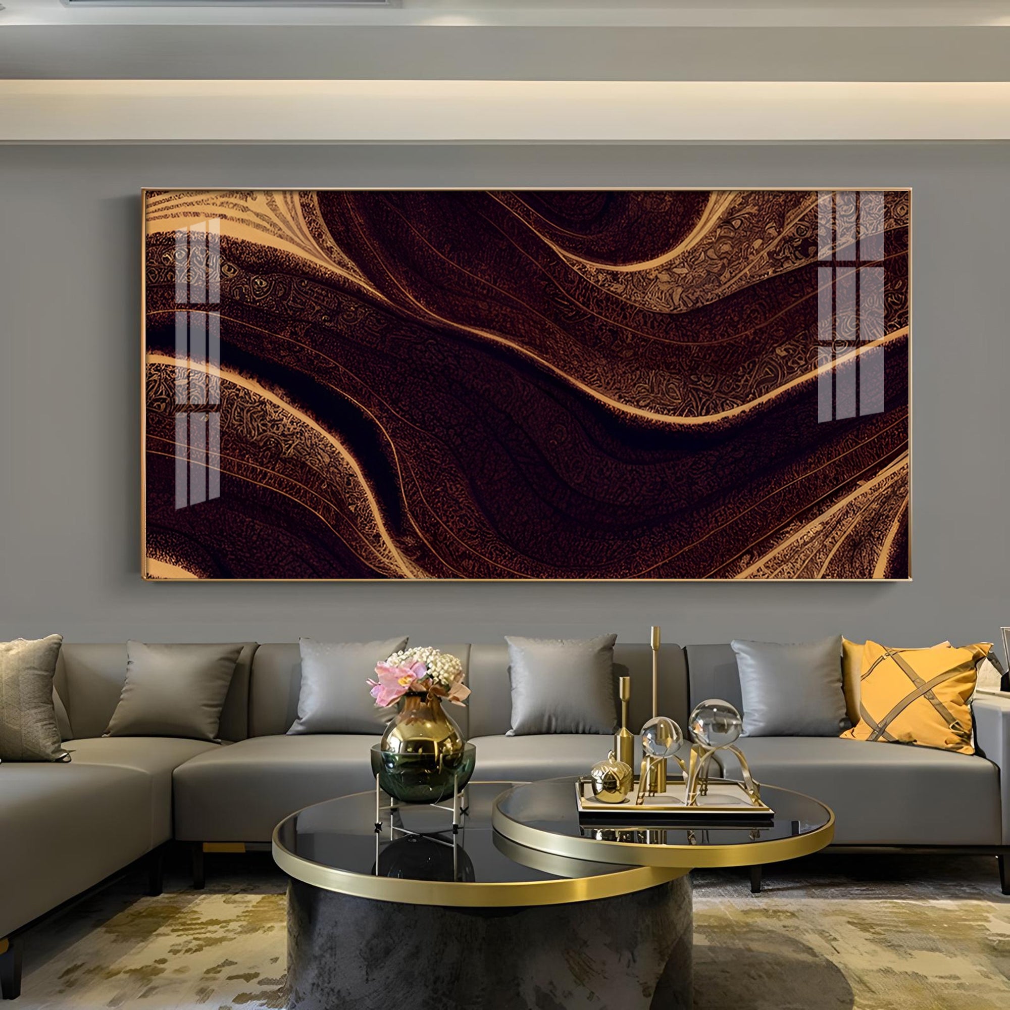 Golden Rhythm Wave Glass Finish Horizontal Wall Art