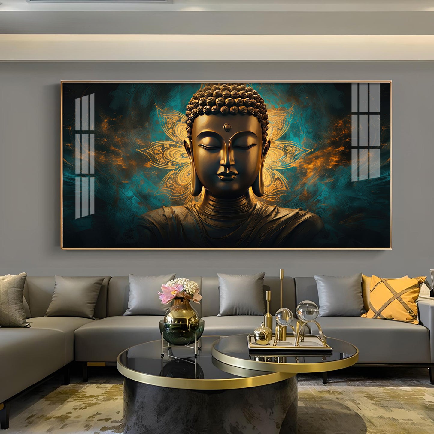 Lord Buddha Golden Glass Finish Horizontal Wall Art