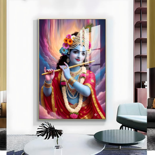 Colorful Krishna Ji Glass Finsih Vertical Wall Art