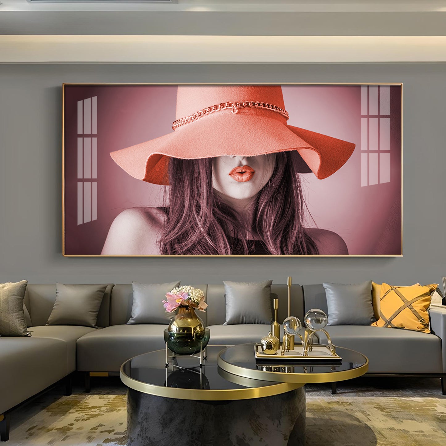 Modern Lady With Hat Glass Finish Horizontal Wall Art