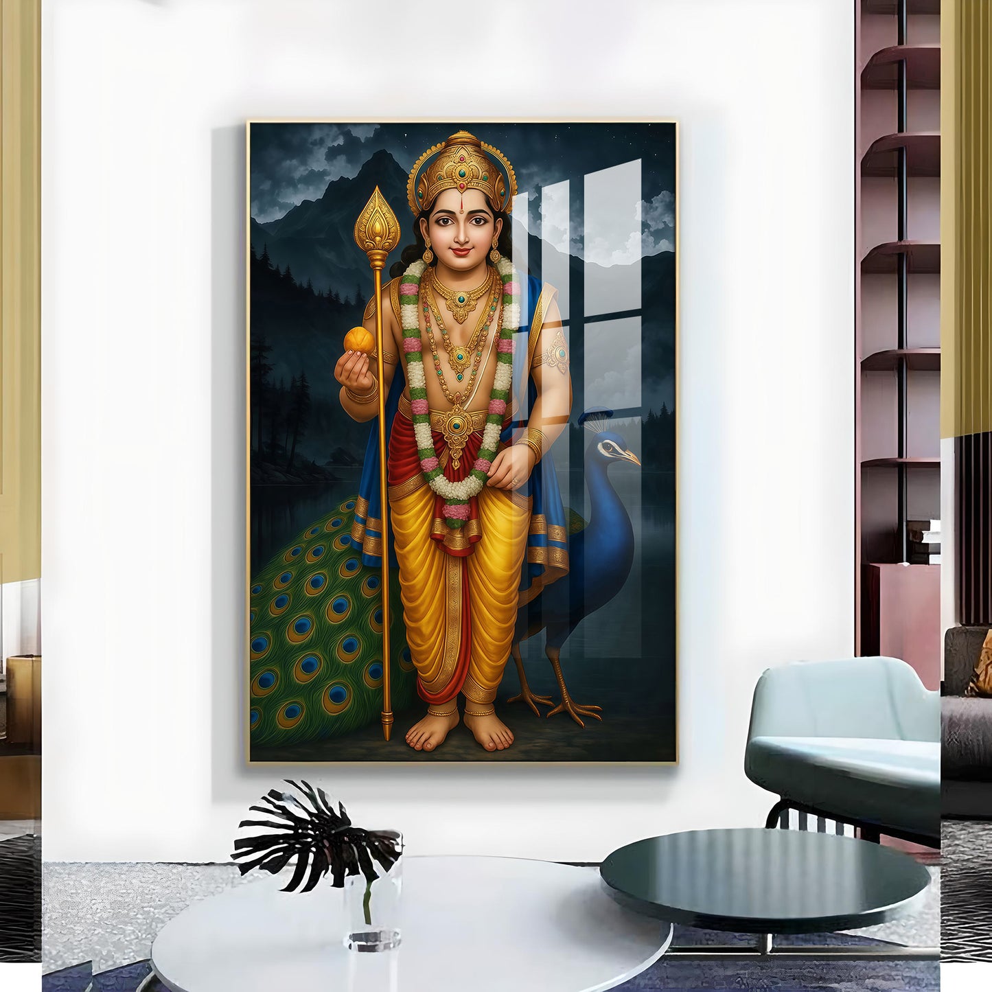 Lord Kartikeya Glass Finish Vertical Wall Art