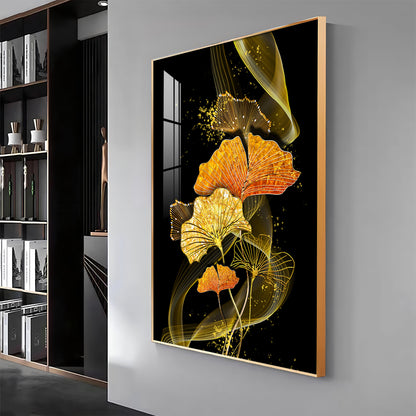 Golden Elegance Bloom Glass Finish Vertical Wall Art