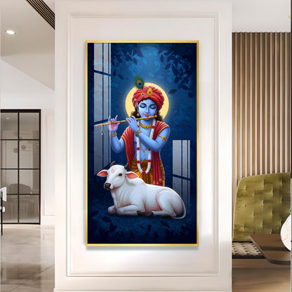 Hindu God Krishna Glass Finish Verticall Wall Art