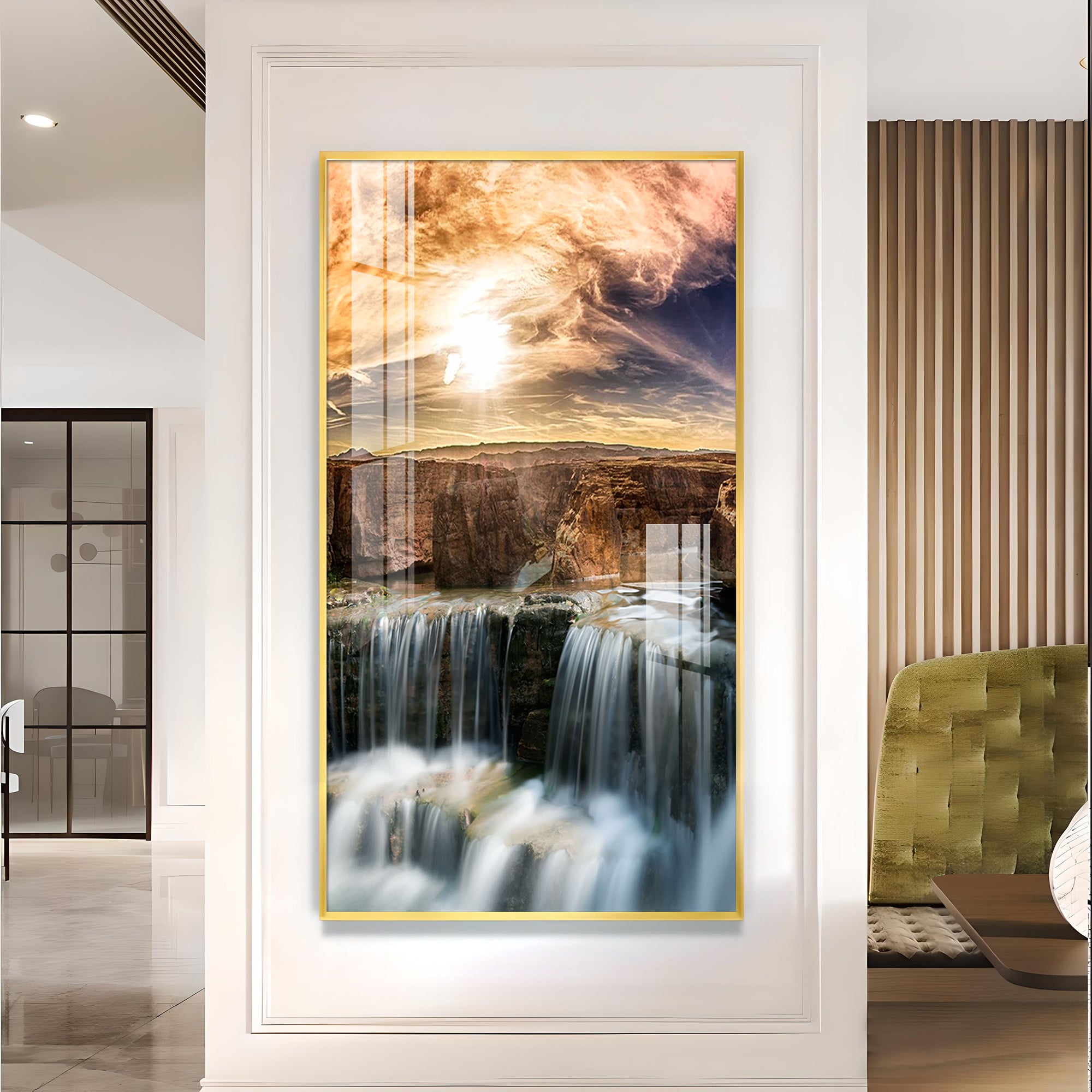 Dusk Over the Falls Glass Finish Vertical Wall Art