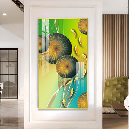 Emerald Oasis Koi Glass Finish Vertical Wall Art