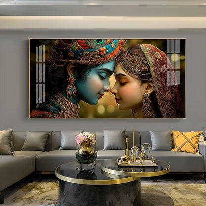 Beauty Couple Radha Krishna Glass Finish Horizontal Wall Art