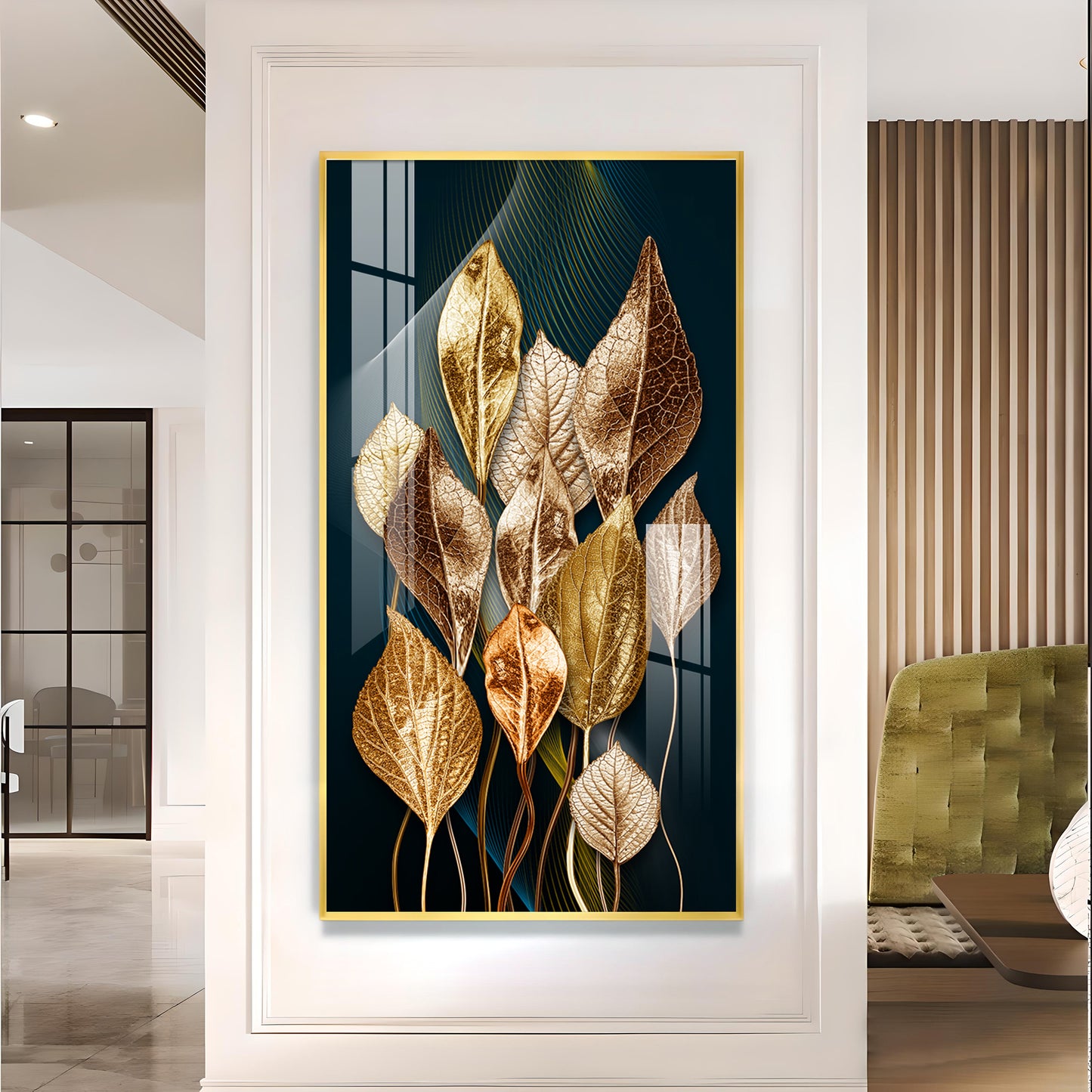 Golden Leafy Luxe Glass Finish Vertical Wall Art