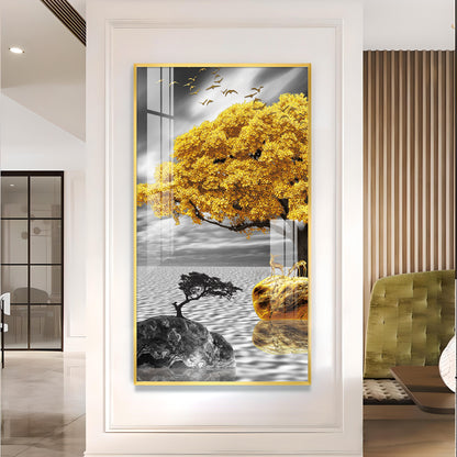 Golden Tree Oasis Glass Finish Vertical Wall Art