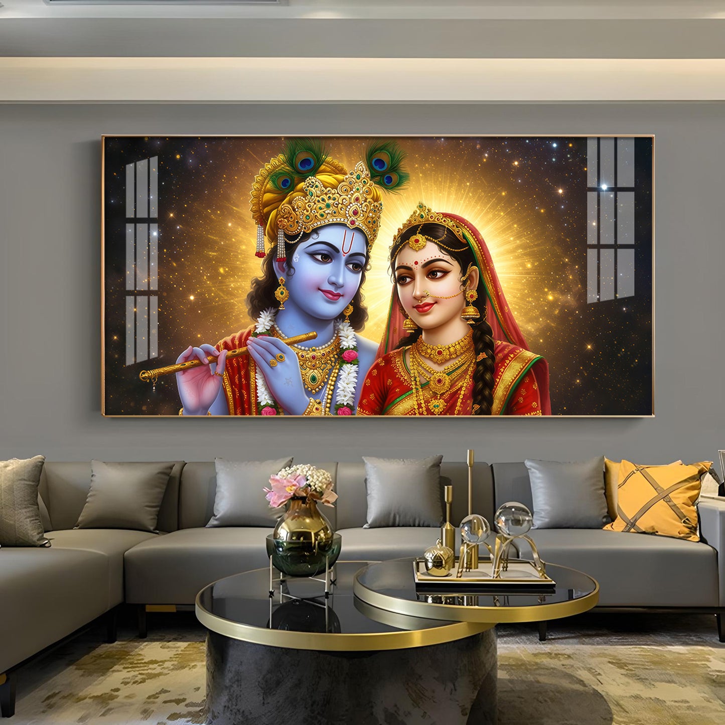 Sri Radhe Krishna Loving Charm Glass Finish Horizontal Wall Art