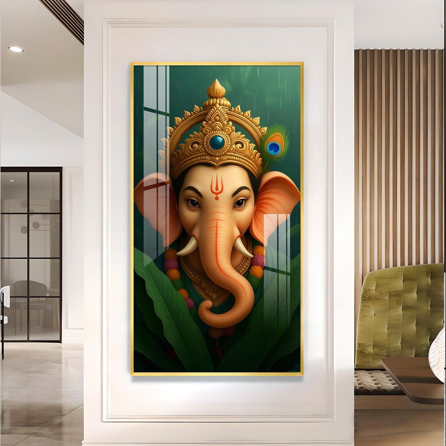 Vibrant Lord ganesha Artwork Glass Finish Vertical Wall Art